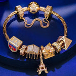 Sterling Silver Romance City Charms Bracelet Set With Enamel In 14K Gold Plated (Includes bracelet and all charms shown)