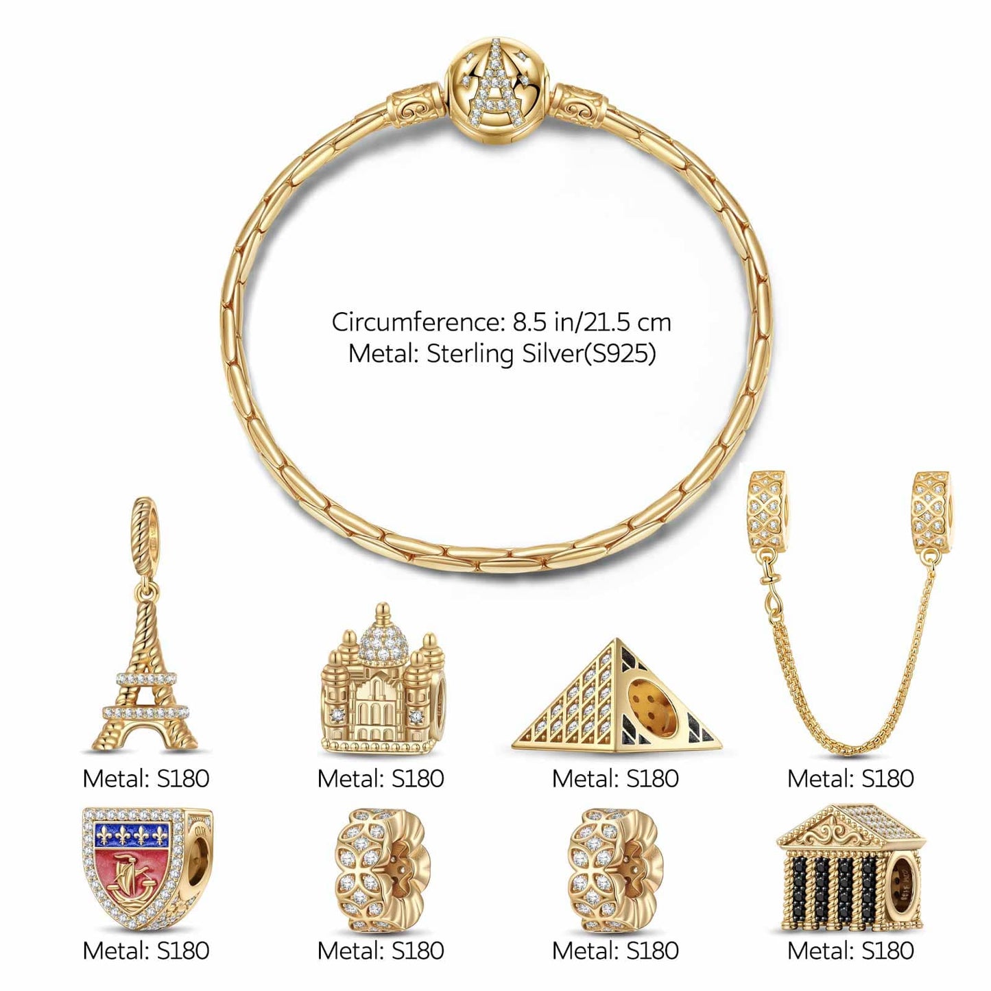 Sterling Silver Romance City Charms Bracelet Set With Enamel In 14K Gold Plated (Includes bracelet and all charms shown)