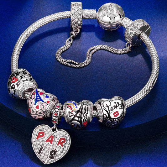 gon- Sterling Silver City of Love Charms Bracelet Set With Enamel In White Gold Plated