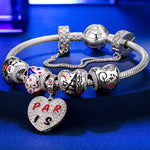 Sterling Silver City of Love Charms Bracelet Set With Enamel In White Gold Plated