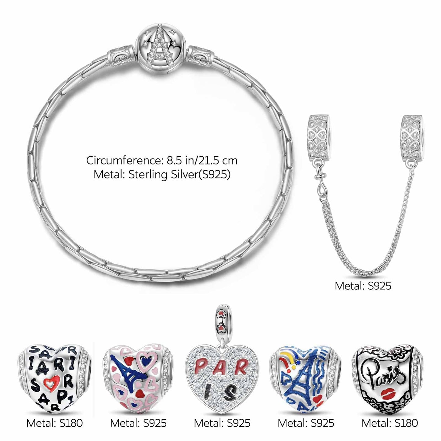 Sterling Silver City of Love Charms Bracelet Set With Enamel In White Gold Plated (Includes bracelet and all charms shown)