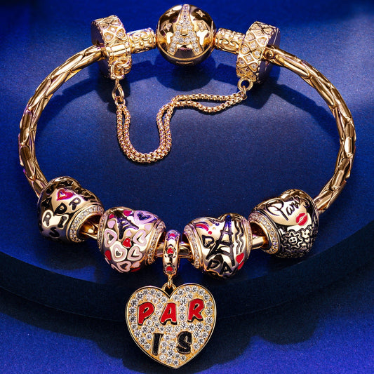 gon- Sterling Silver City of Love Charms Bracelet Set With Enamel In 14K Gold Plated (Includes bracelet and all charms shown)