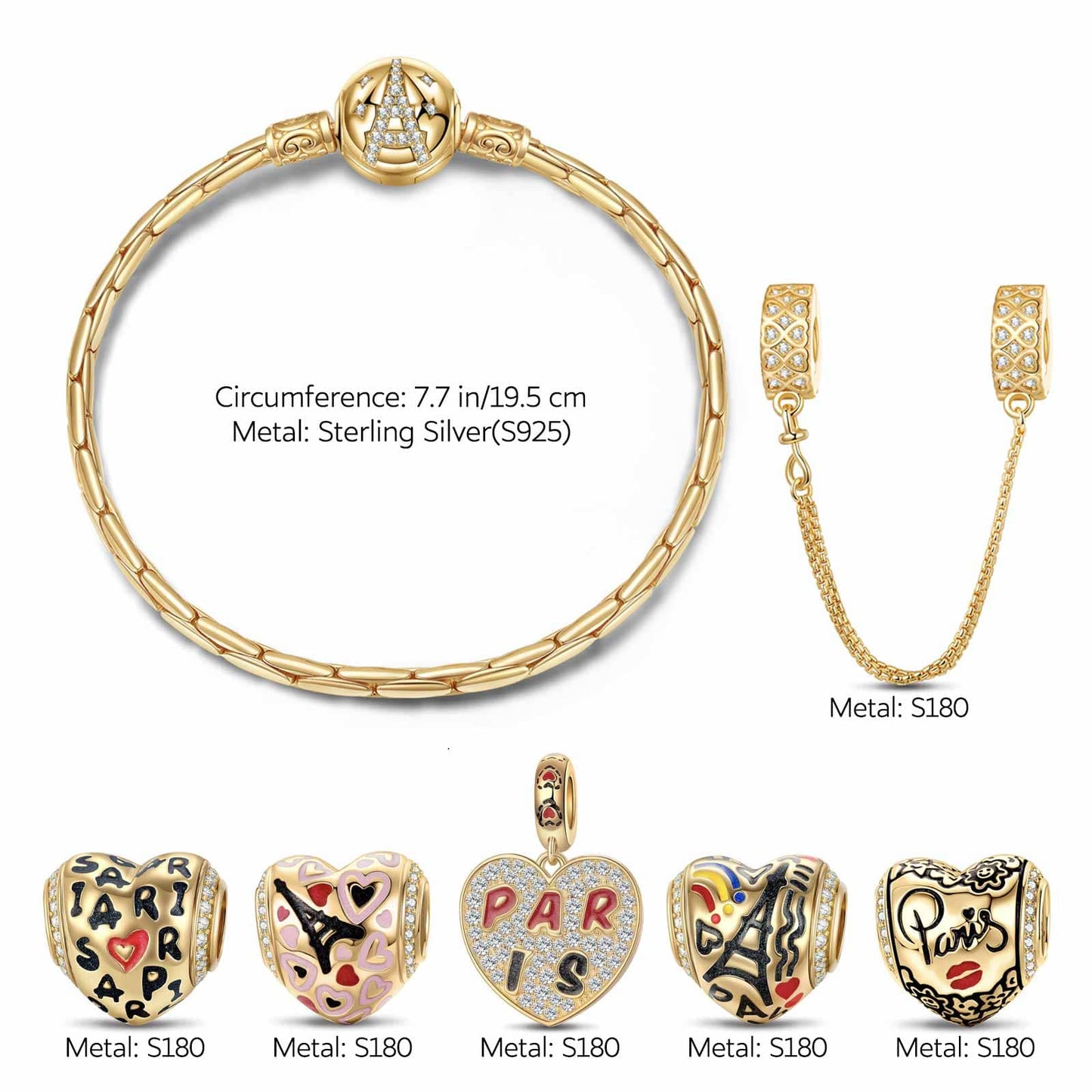 Sterling Silver City of Love Charms Bracelet Set With Enamel In 14K Gold Plated