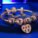 Sterling Silver City of Love Charms Bracelet Set With Enamel In 14K Gold Plated (Includes bracelet and all charms shown)