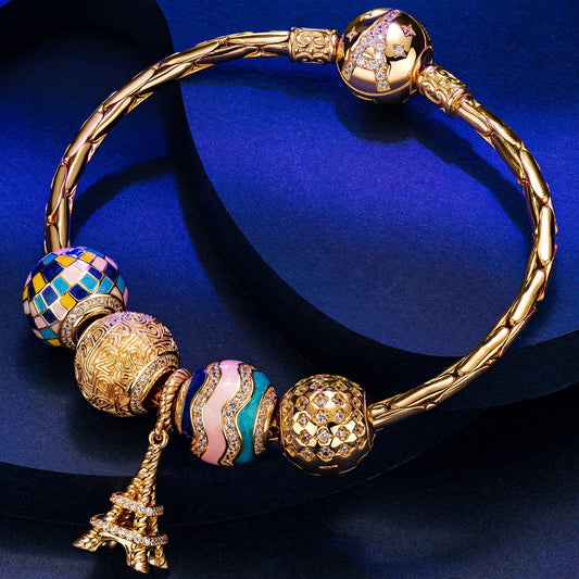 gon- Sterling Silver Dreamy Kaleidoscope Charms Bracelet Set With Enamel In 14K Gold Plated