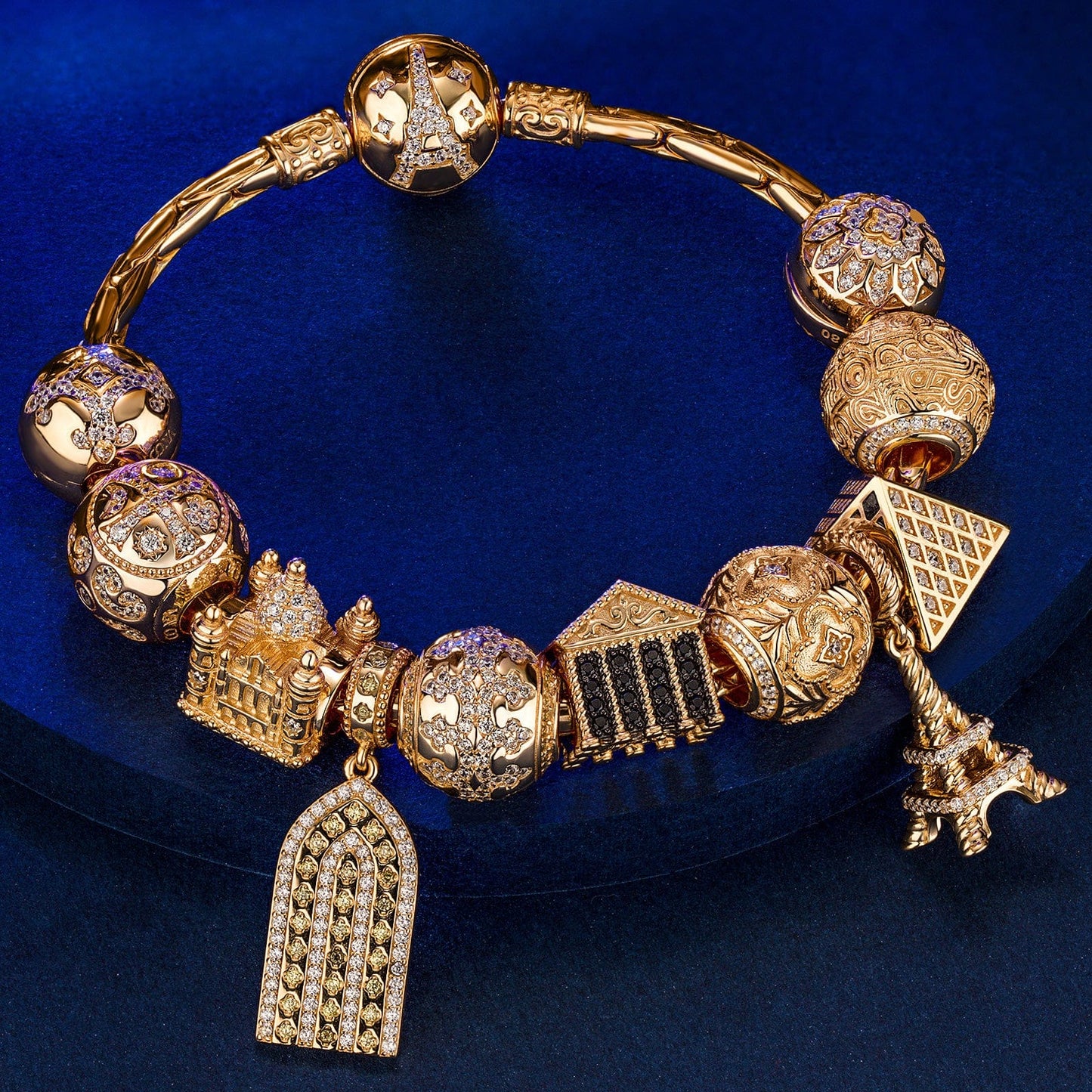 Sterling Silver Golden Paris Charms Bracelet Set In 14K Gold Plated