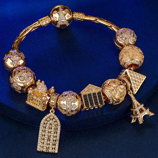gon- Sterling Silver Golden Paris Charms Bracelet Set In 14K Gold Plated
