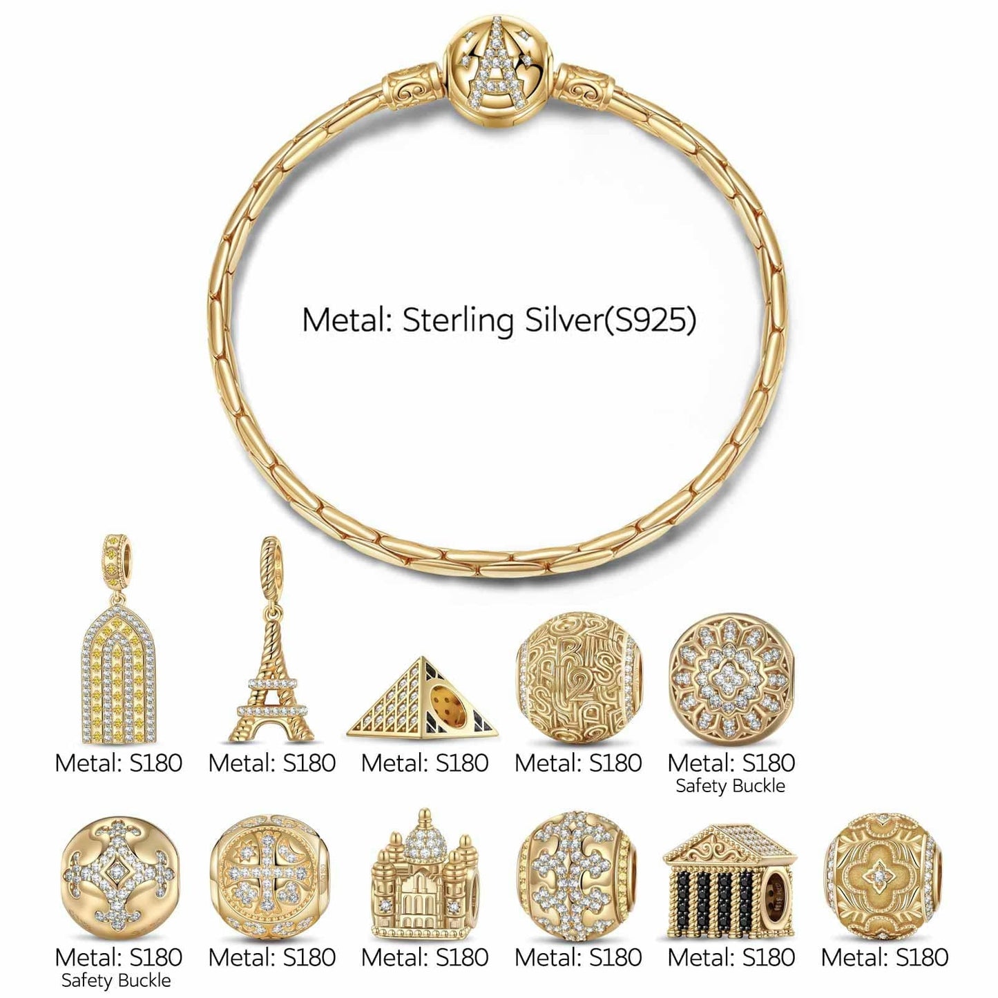 Sterling Silver Golden Paris Charms Bracelet Set In 14K Gold Plated (Includes bracelet and all charms shown)