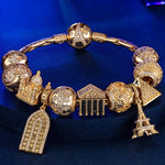 Sterling Silver Golden Paris Charms Bracelet Set In 14K Gold Plated