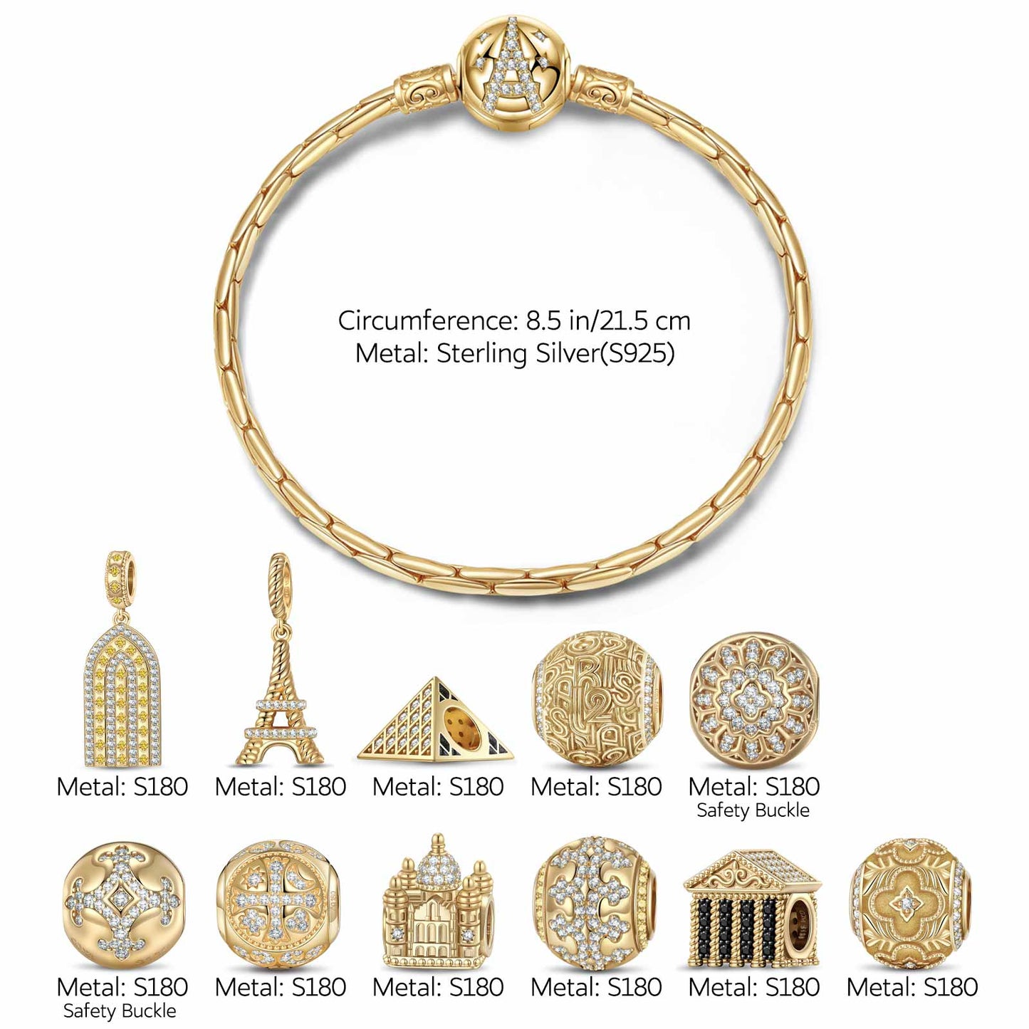 Sterling Silver Golden Paris Charms Bracelet Set In 14K Gold Plated (Includes bracelet and all charms shown)