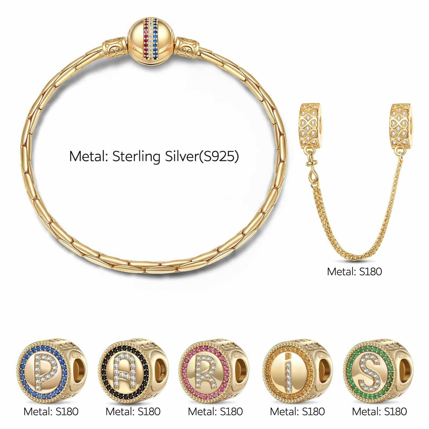 Sterling Silver Paris Soul Charms Bracelet Set In 14K Gold Plated (Includes bracelet and all charms shown)