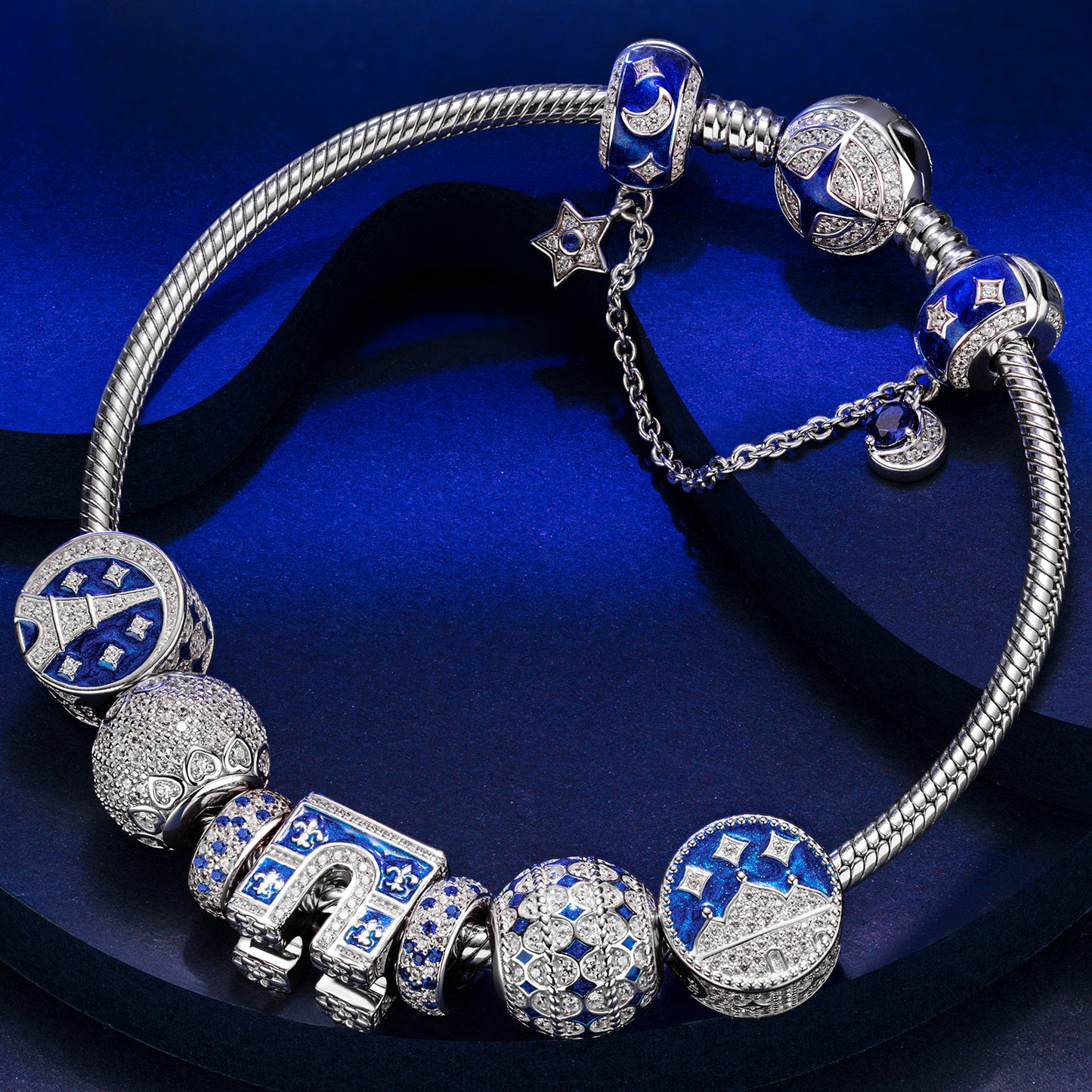 Sterling Silver Brilliant Azure Charms Bracelet Set With Enamel In White Gold Plated