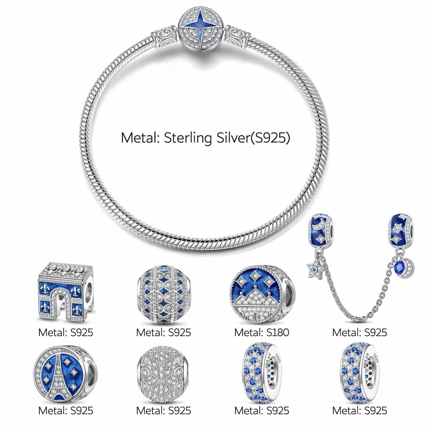 Sterling Silver Brilliant Azure Charms Bracelet Set With Enamel In White Gold Plated (Includes bracelet and all charms shown)