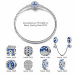 Sterling Silver Brilliant Azure Charms Bracelet Set With Enamel In White Gold Plated (Includes bracelet and all charms shown)