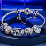 Sterling Silver Brilliant Azure Charms Bracelet Set With Enamel In White Gold Plated (Includes bracelet and all charms shown)