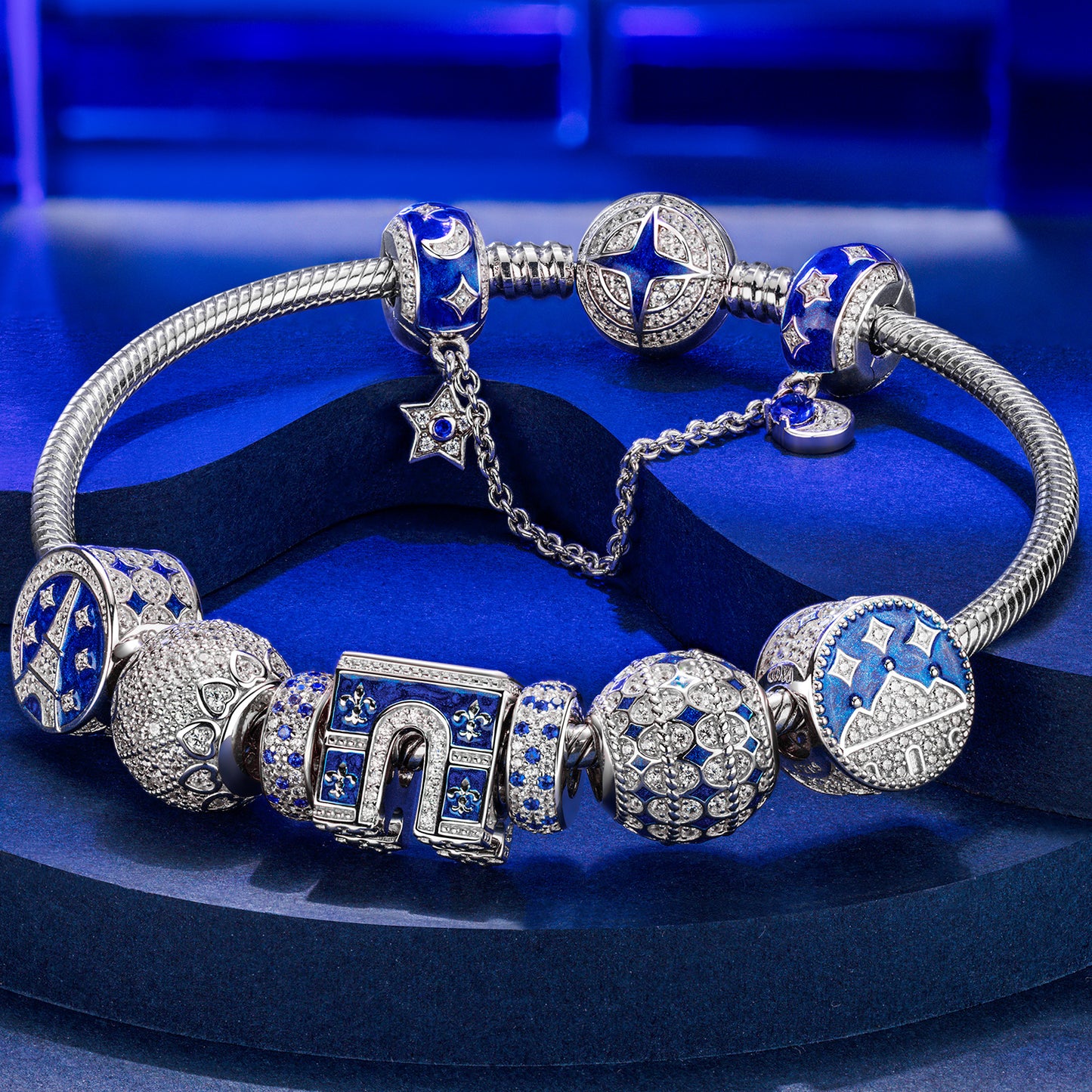 Sterling Silver Brilliant Azure Charms Bracelet Set With Enamel In White Gold Plated