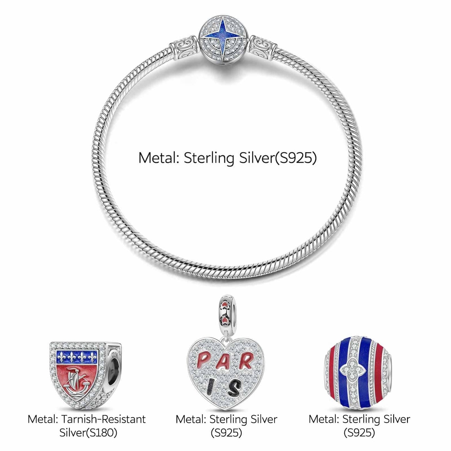 Sterling Silver Romance Magic Charms Bracelet Set With Enamel In White Gold Plated (Includes bracelet and all charms shown)