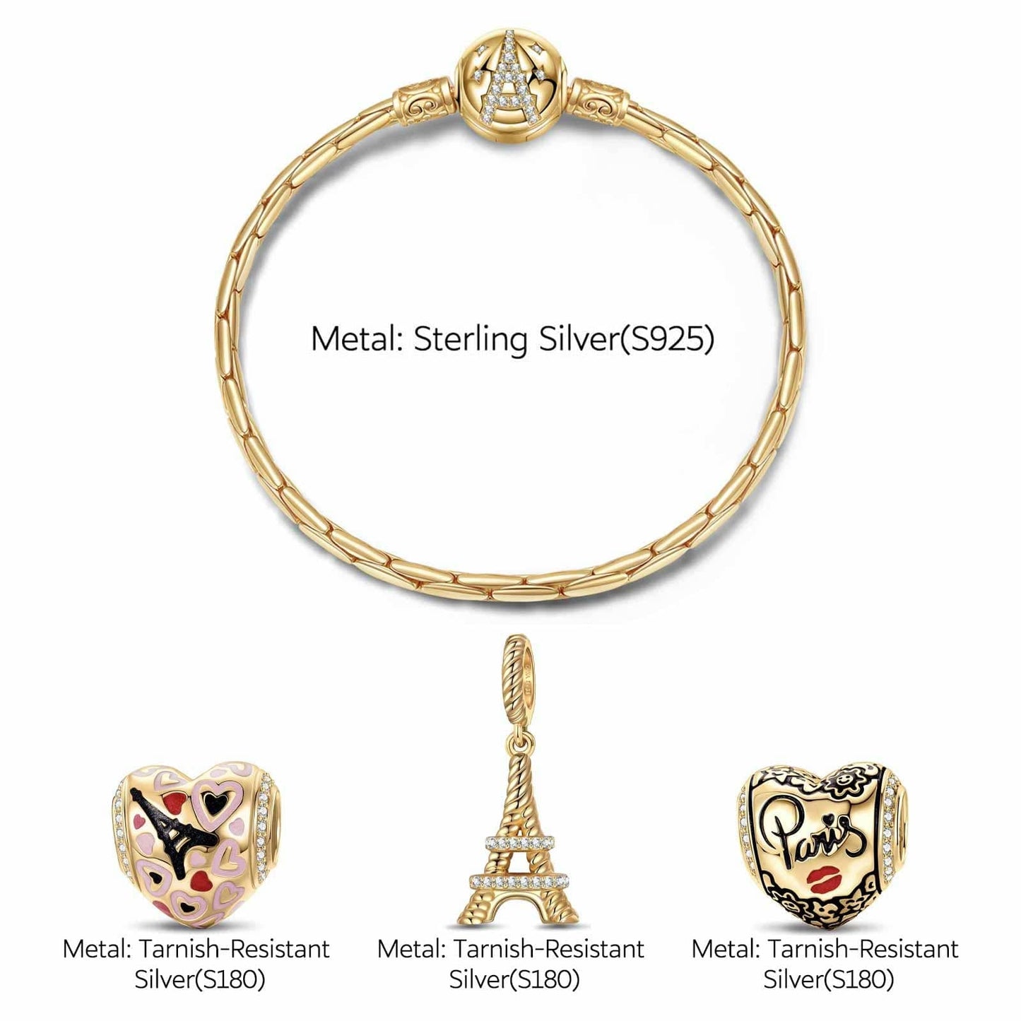 Sterling Silver Heart And Soul Charms Bracelet Set With Enamel In 14K Gold Plated (Includes bracelet and all charms shown)