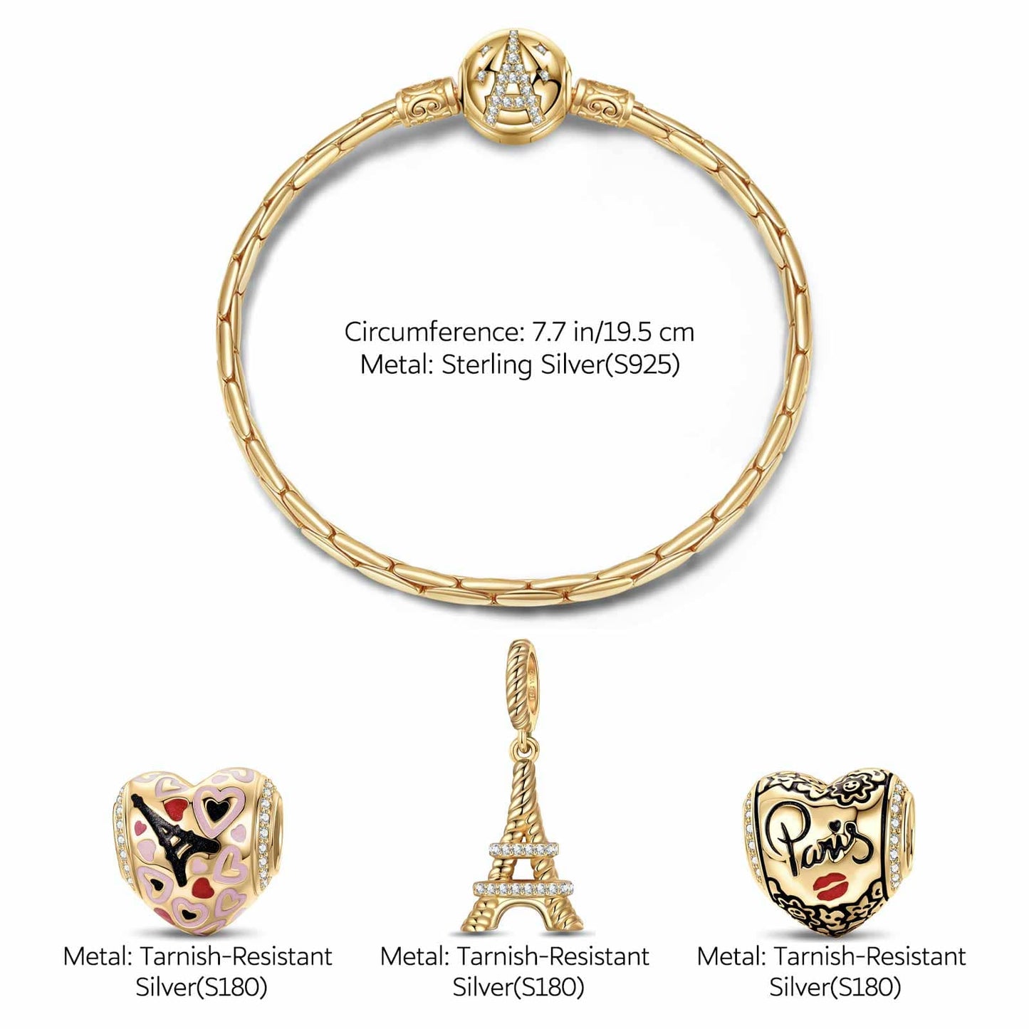 Sterling Silver Heart And Soul Charms Bracelet Set With Enamel In 14K Gold Plated (Includes bracelet and all charms shown)