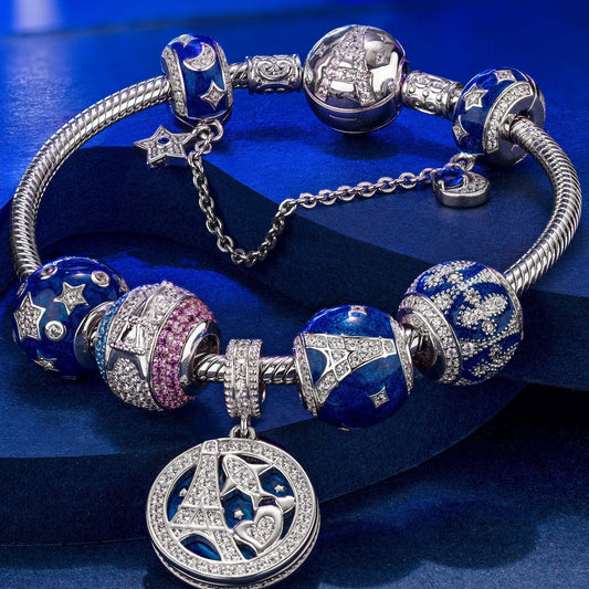 gona- Sterling Silver Majestic Silhouette Charms Bracelet Set With Enamel In White Gold Plated (Includes bracelet and all charms shown)