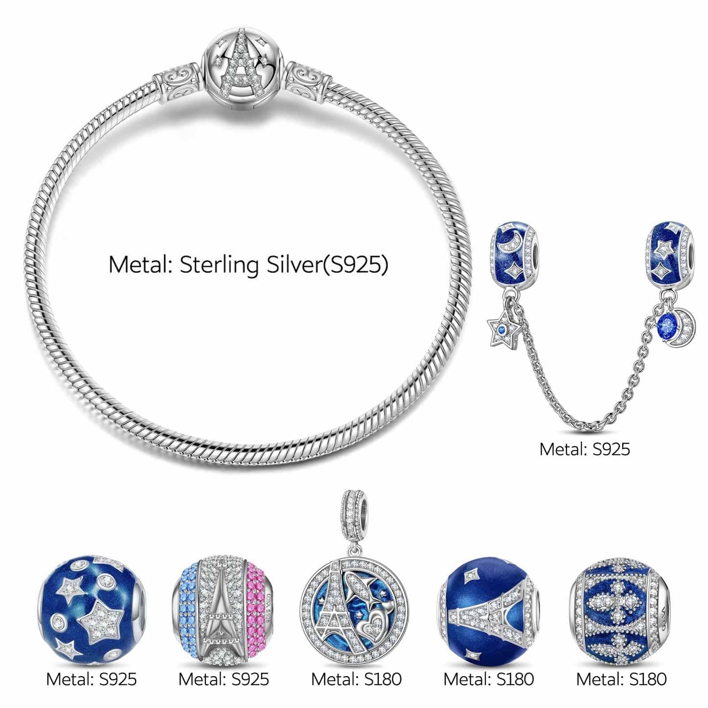 Sterling Silver Majestic Silhouette Charms Bracelet Set With Enamel In White Gold Plated (Includes bracelet and all charms shown)
