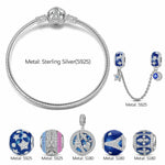 Sterling Silver Majestic Silhouette Charms Bracelet Set With Enamel In White Gold Plated (Includes bracelet and all charms shown)