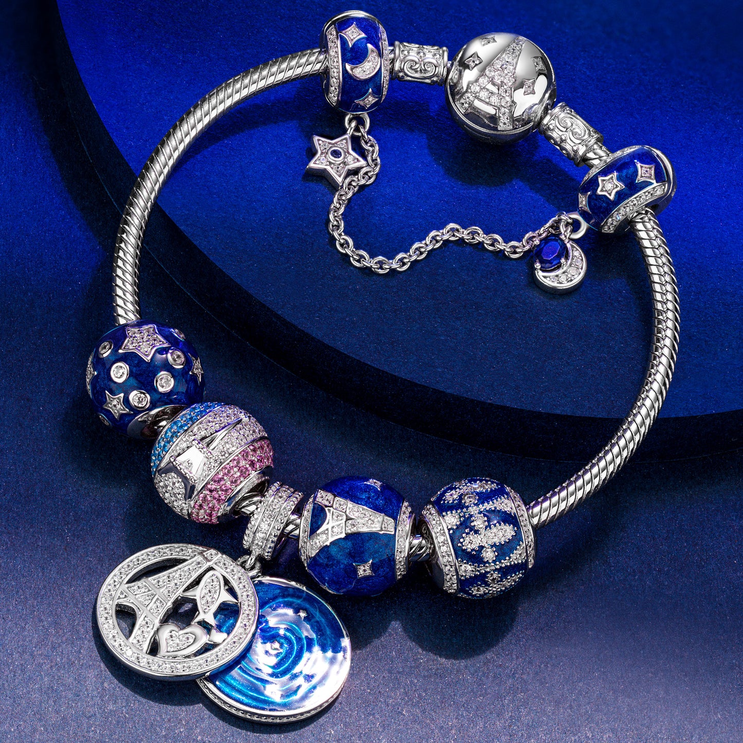 Sterling Silver Majestic Silhouette Charms Bracelet Set With Enamel In White Gold Plated