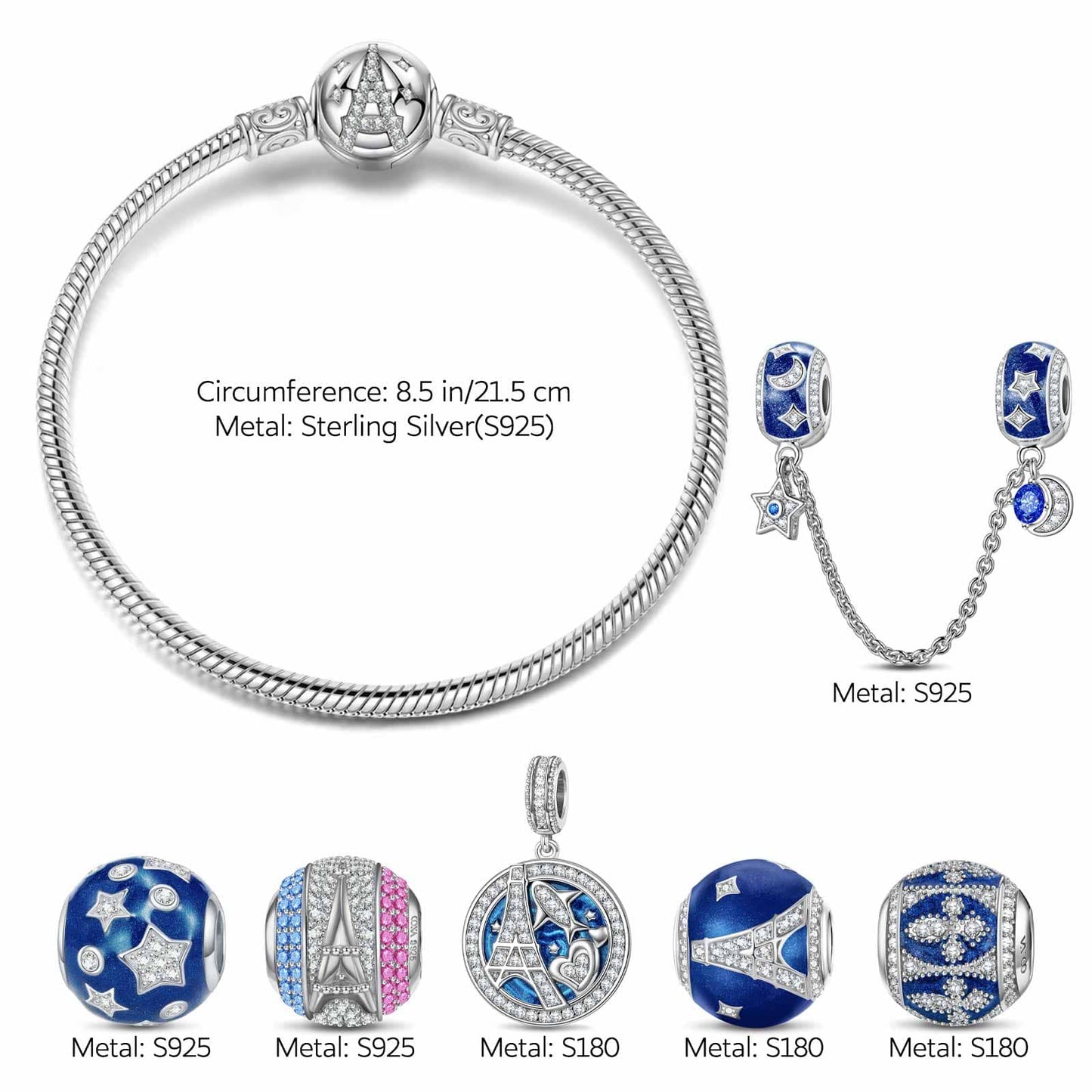 Sterling Silver Majestic Silhouette Charms Bracelet Set With Enamel In White Gold Plated (Includes bracelet and all charms shown)