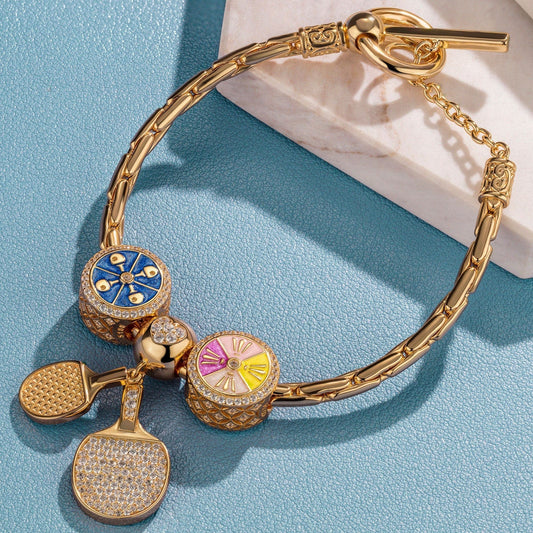 gona- Sterling Silver Gold Ping Pong Charms Bracelet Set With Enamel In 14K Gold Plated (Includes bracelet and all charms shown)