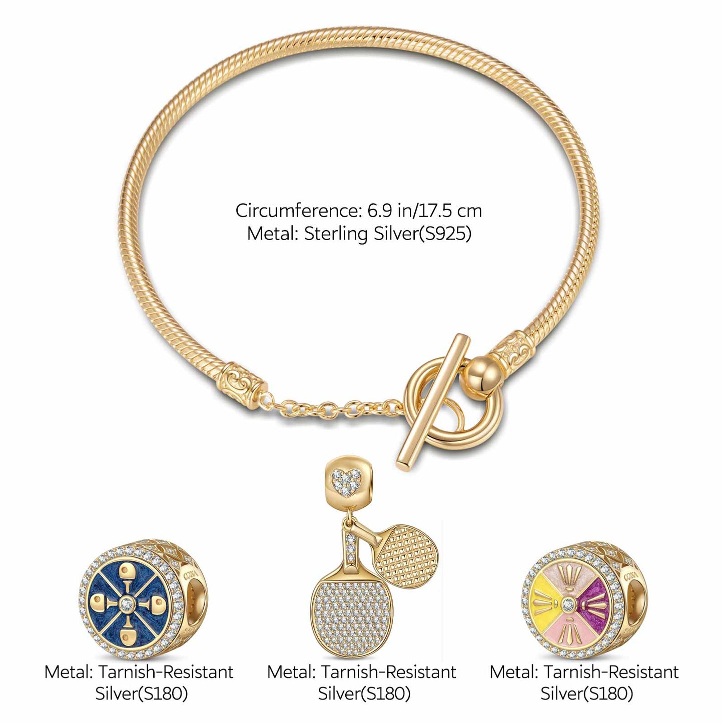 Sterling Silver Gold Ping Pong Charms Bracelet Set With Enamel In 14K Gold Plated