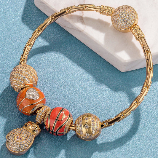 gona- Sterling Silver Passion for Basketball Charms Bracelet Set With Enamel In 14K Gold Plated (Includes bracelet and all charms shown)