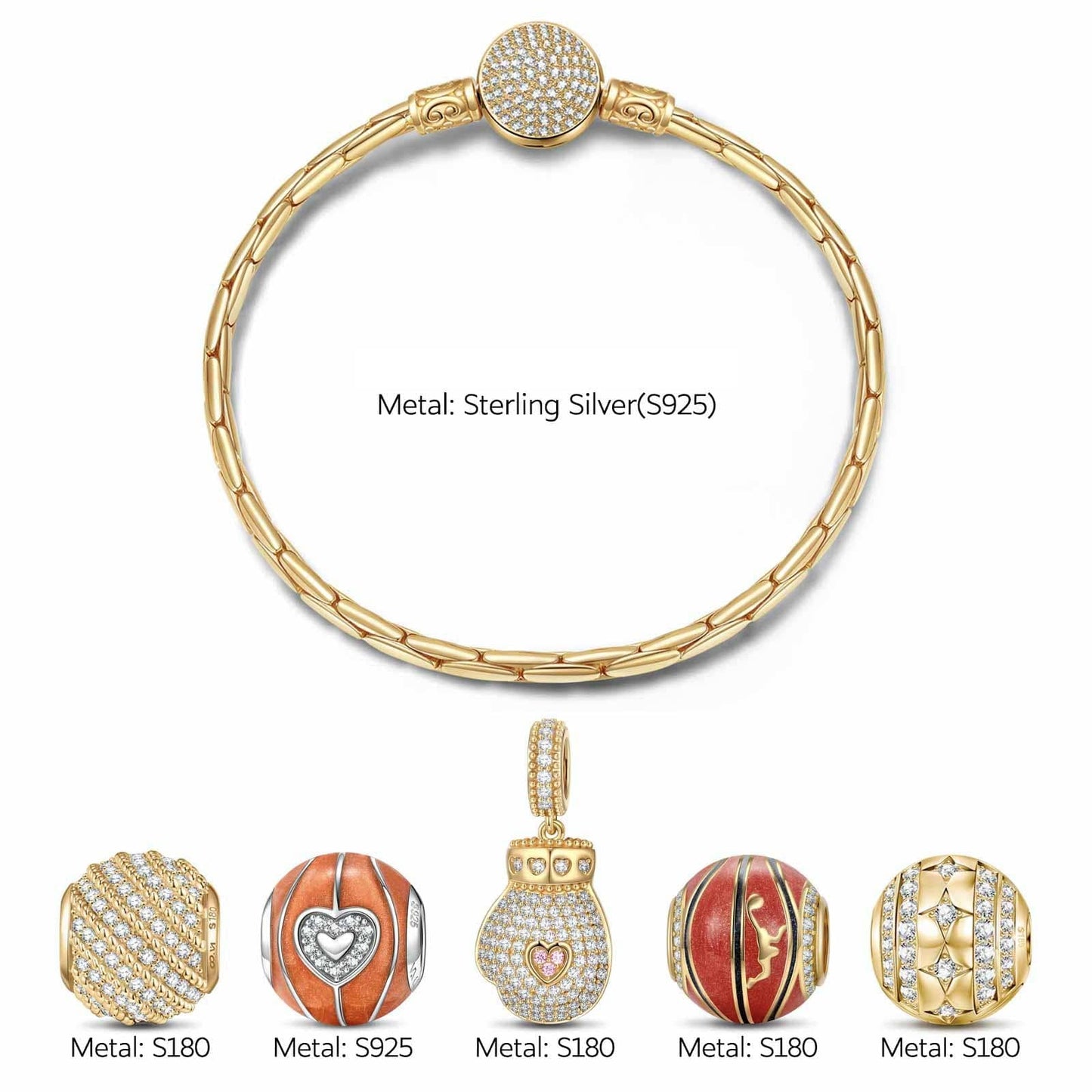 Sterling Silver Passion for Basketball Charms Bracelet Set With Enamel In 14K Gold Plated (Includes bracelet and all charms shown)