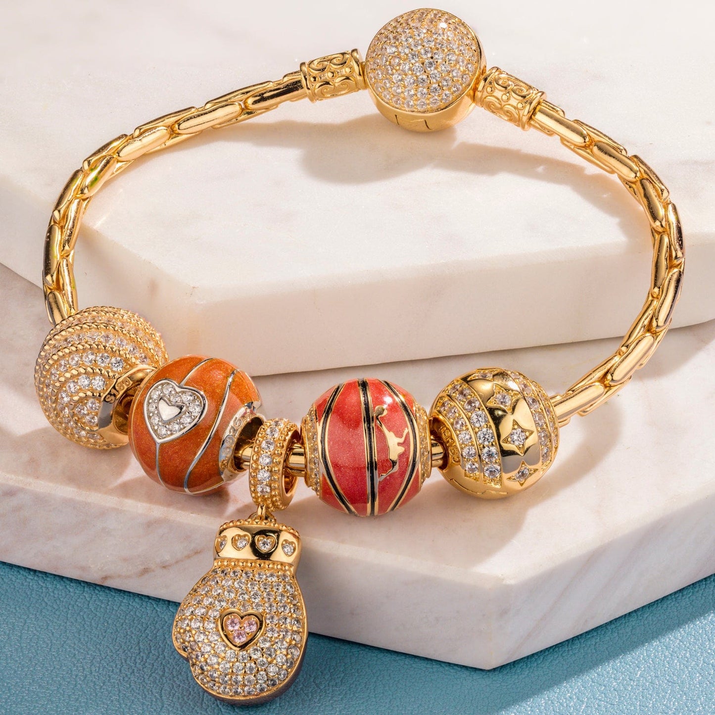 Sterling Silver Passion for Basketball Charms Bracelet Set With Enamel In 14K Gold Plated