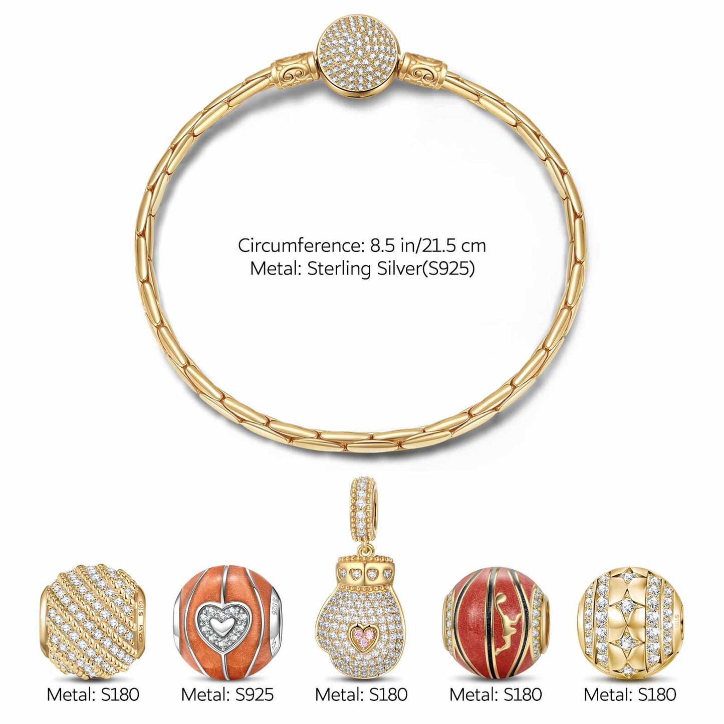 Sterling Silver Passion for Basketball Charms Bracelet Set With Enamel In 14K Gold Plated (Includes bracelet and all charms shown)