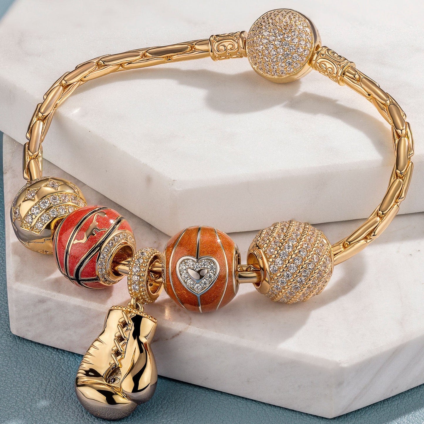 Sterling Silver Passion for Basketball Charms Bracelet Set With Enamel In 14K Gold Plated (Includes bracelet and all charms shown)