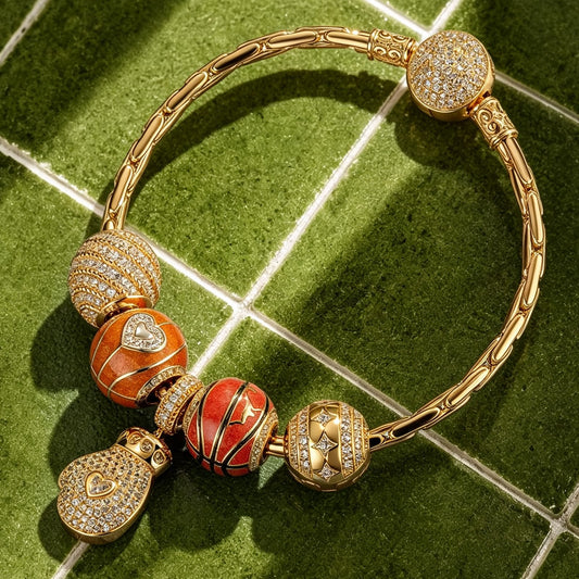 gona- Sterling Silver Passion for Basketball Charms Bracelet Set With Enamel In 14K Gold Plated (Includes bracelet and all charms shown)