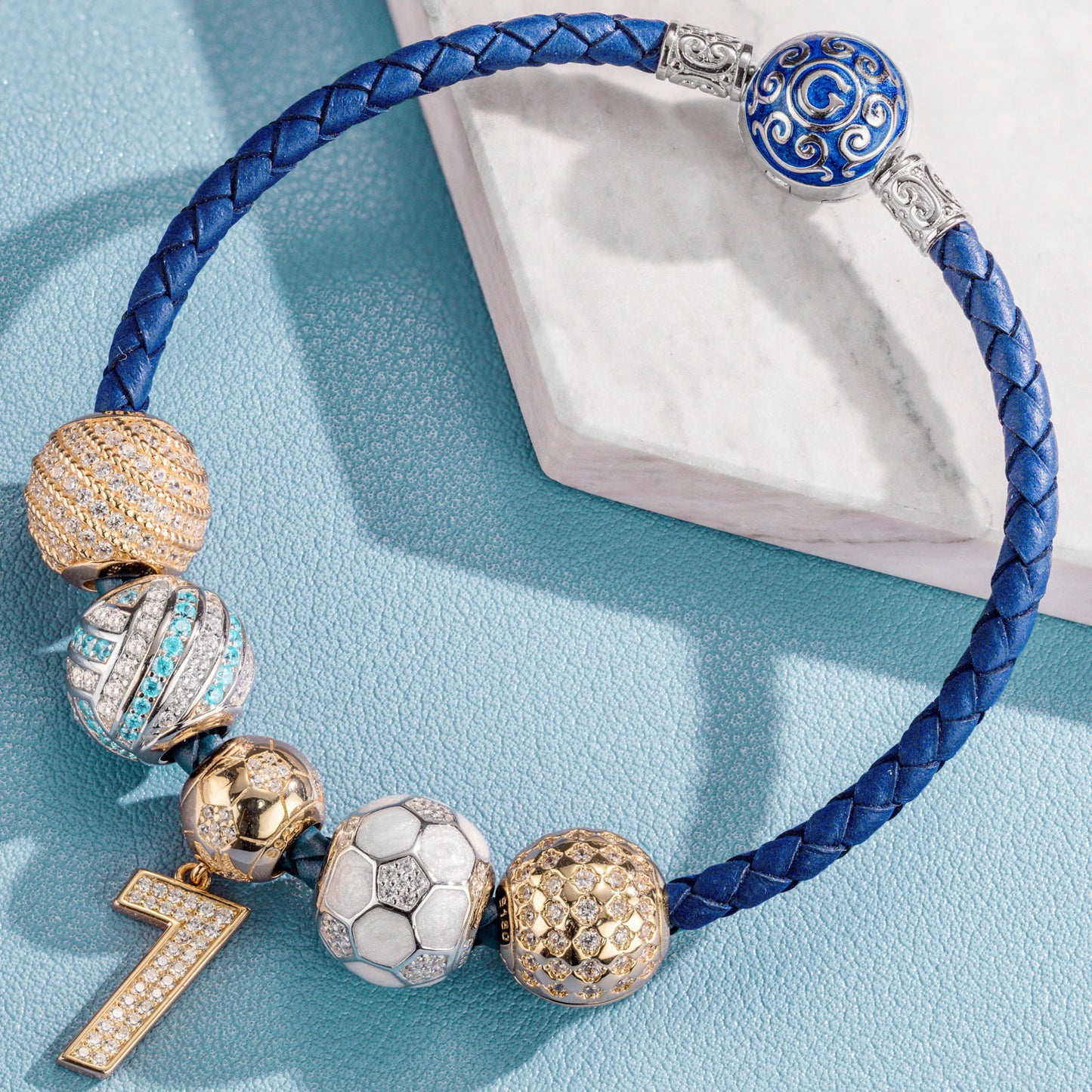 Sterling Silver Soccer Legend Charms Bracelet Set With Enamel, Featuring Dual Plating in 14K Gold and White Gold