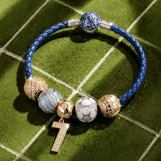 gona- Sterling Silver Soccer Legend Charms Bracelet Set With Enamel, Featuring Dual Plating in 14K Gold and White Gold (Includes bracelet and all charms shown)