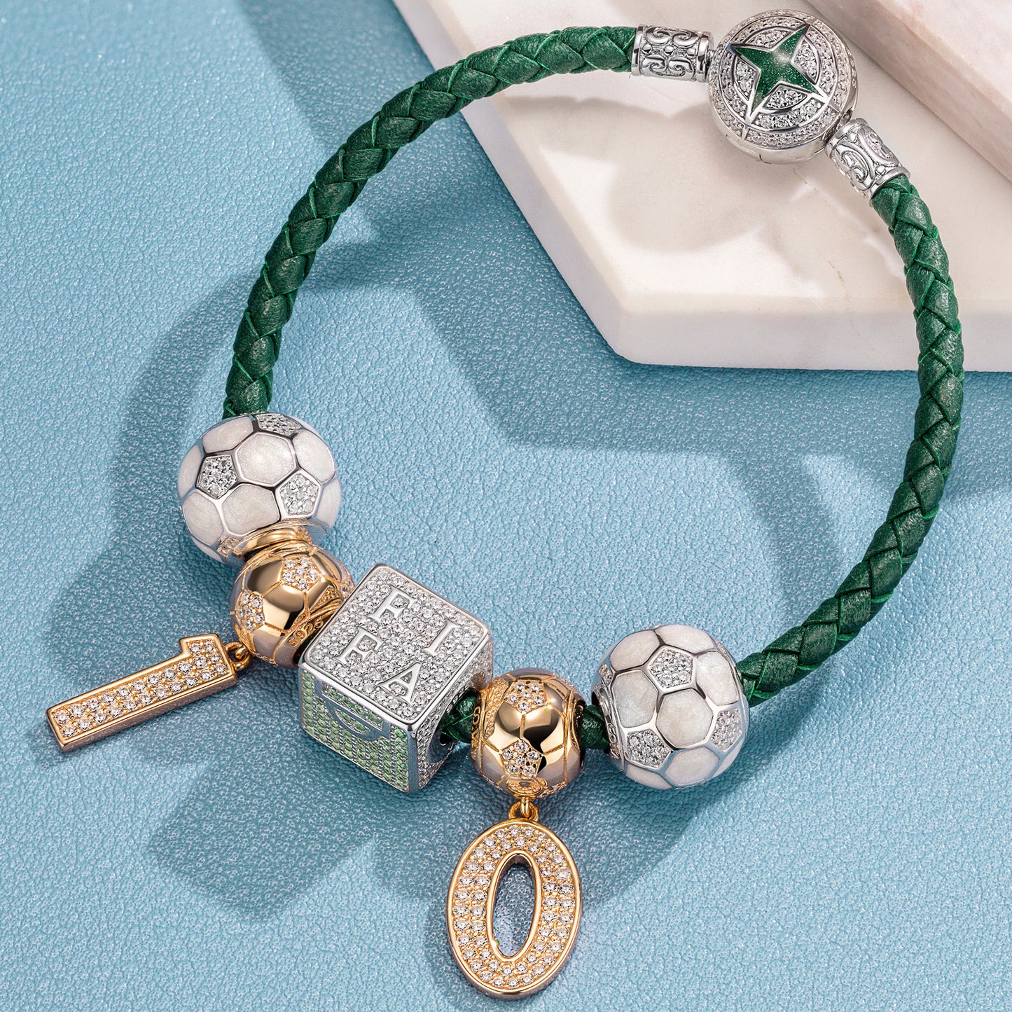 Sterling Silver Soccer King Charms Bracelet Set With Enamel , Featuring Dual Plating in 14K Gold and White Gold