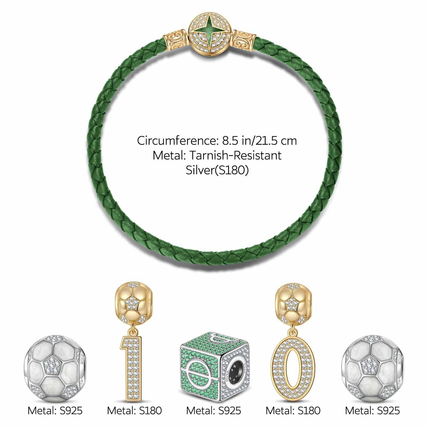 Sterling Silver Soccer King Charms Bracelet Set With Enamel, Featuring Dual Plating in 14K Gold and White Gold (Includes bracelet and all charms shown)