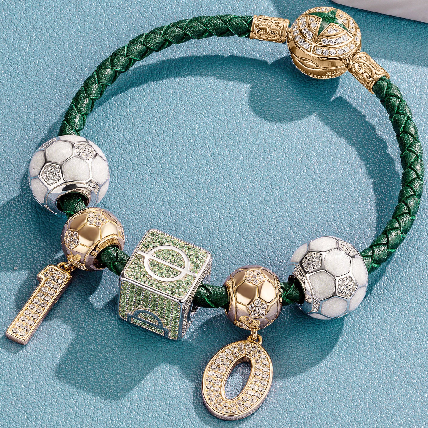 Sterling Silver Soccer King Charms Bracelet Set With Enamel , Featuring Dual Plating in 14K Gold and White Gold