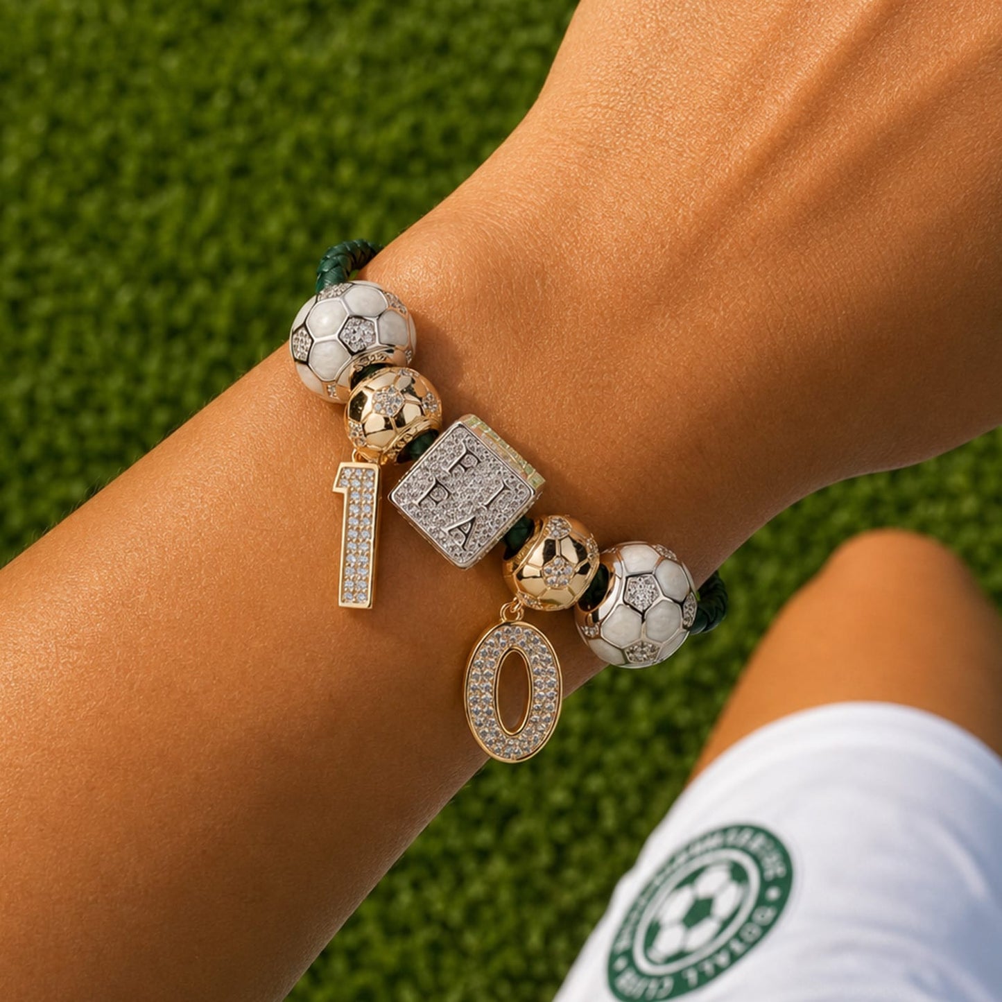 Sterling Silver Soccer King Charms Bracelet Set With Enamel, Featuring Dual Plating in 14K Gold and White Gold (Includes bracelet and all charms shown)