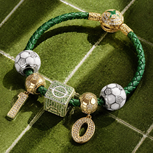 gona- Sterling Silver Soccer King Charms Bracelet Set With Enamel, Featuring Dual Plating in 14K Gold and White Gold (Includes bracelet and all charms shown)