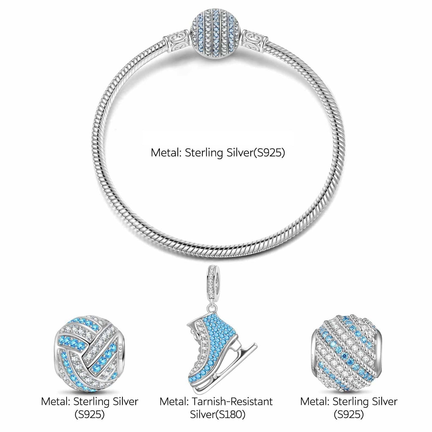 Sterling Silver Ice Waltz Charms Bracelet Set In White Gold Plated (Includes bracelet and all charms shown)