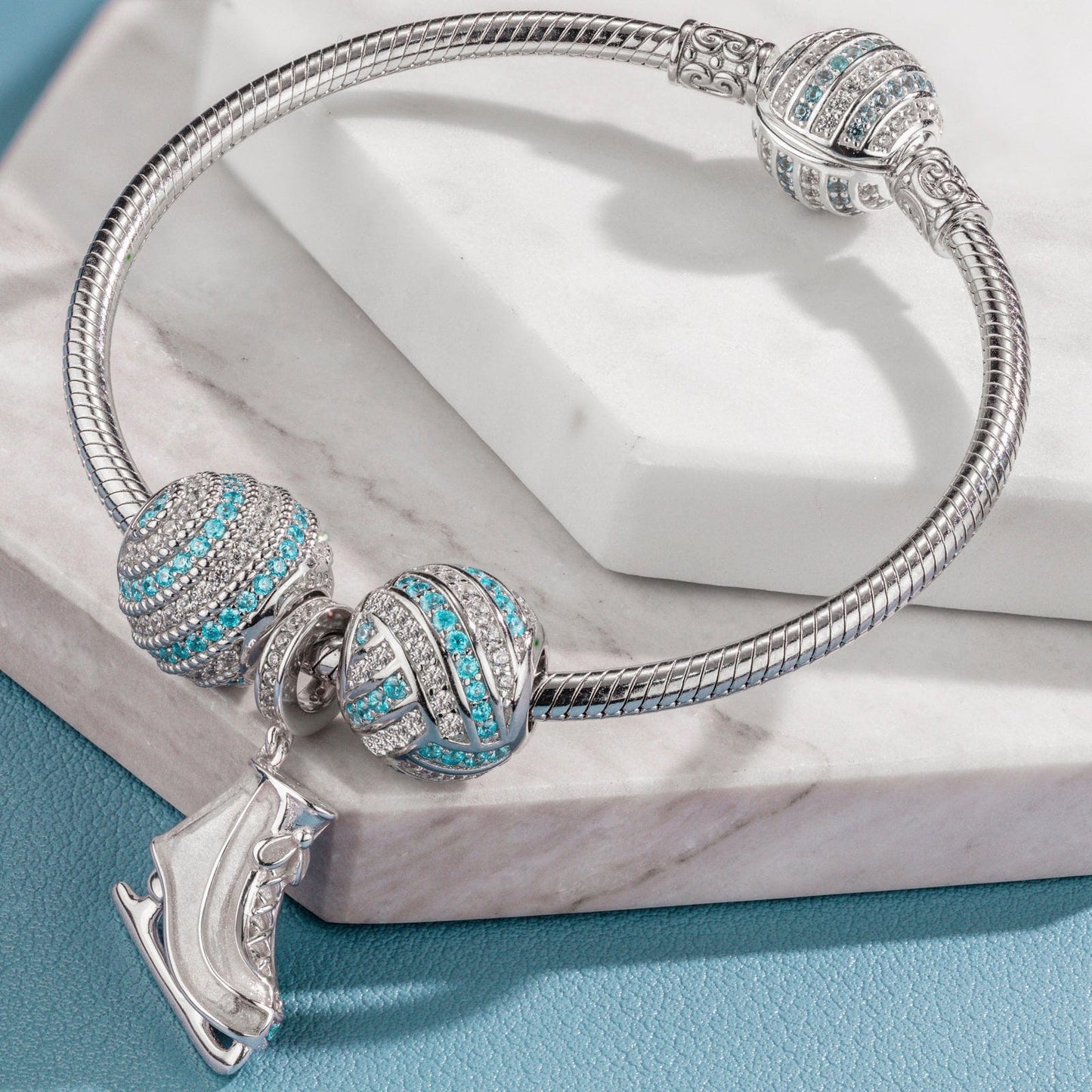 Sterling Silver Ice Waltz Charms Bracelet Set In White Gold Plated (Includes bracelet and all charms shown)