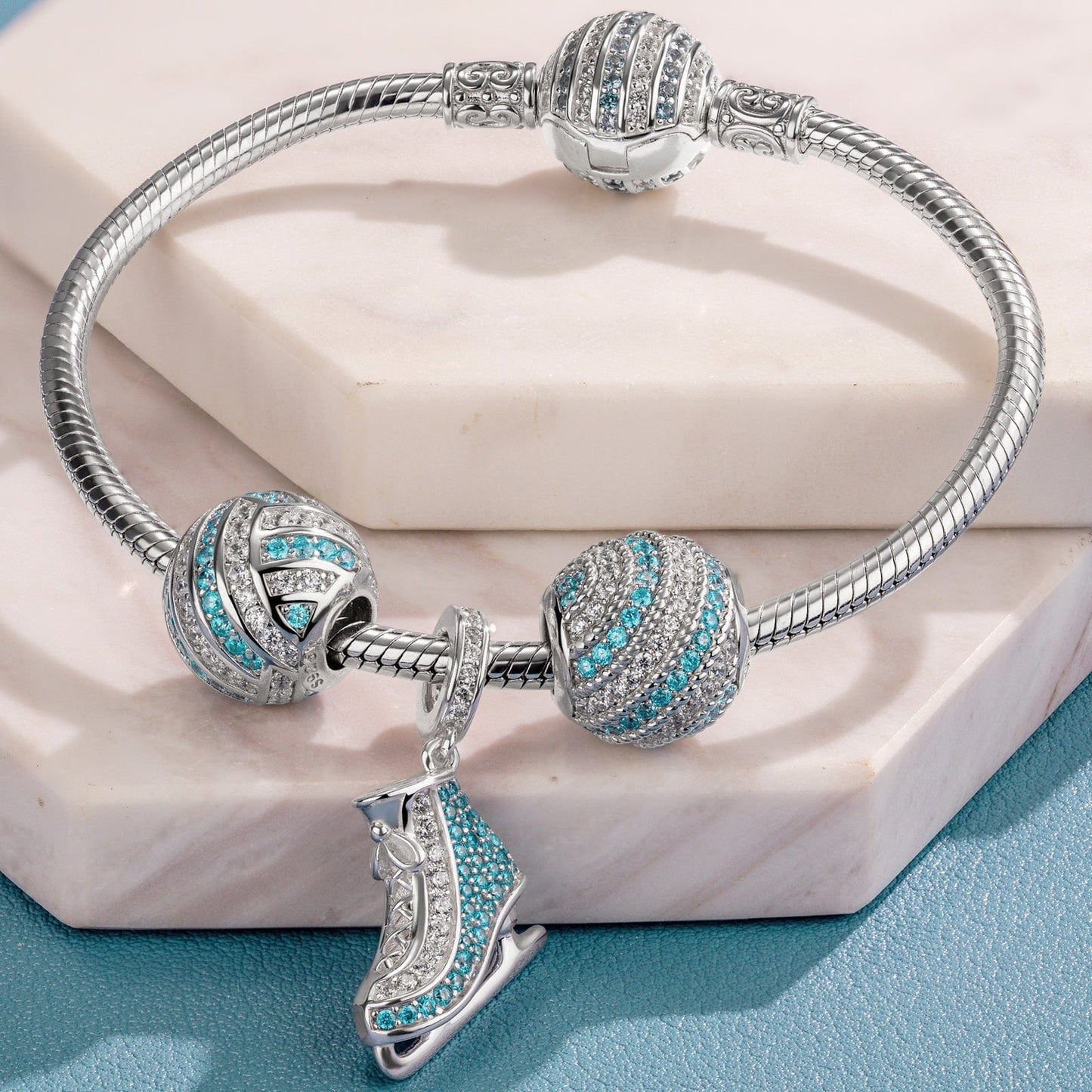 Sterling Silver Ice Waltz Charms Bracelet Set In White Gold Plated (Includes bracelet and all charms shown)