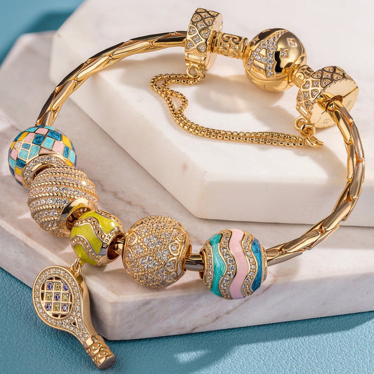gona- Sterling Silver Vibrant Tennis Charms Bracelet Set With Enamel In 14K Gold Plated (Includes bracelet and all charms shown)