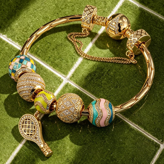gona- Sterling Silver Vibrant Tennis Charms Bracelet Set With Enamel In 14K Gold Plated (Includes bracelet and all charms shown)
