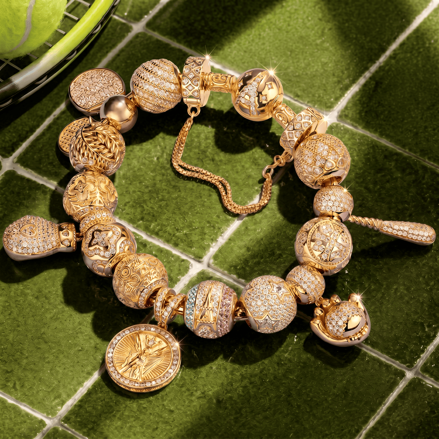 Sterling Silver New Age Sportsmanship Charms Bracelet Set In 14K Gold Plated (Includes bracelet and all charms shown)