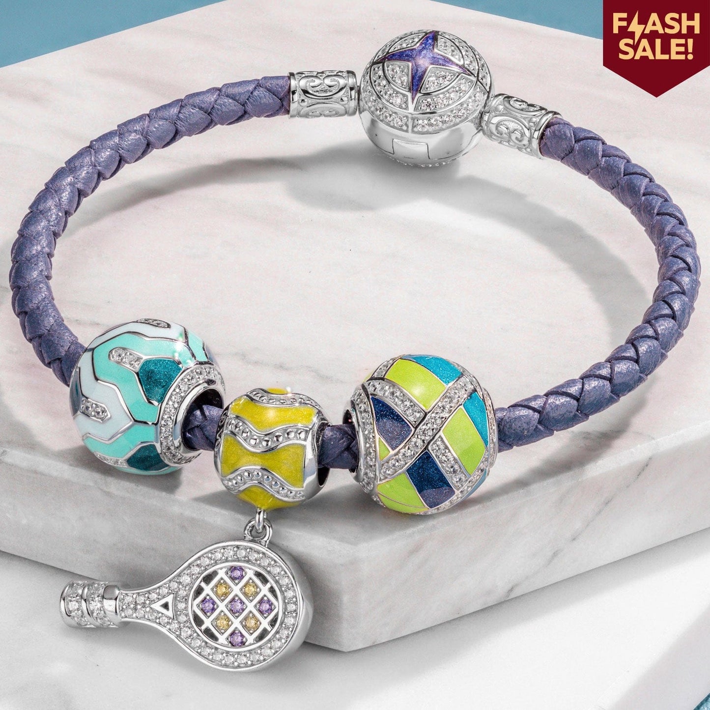 Sterling Silver Cute Tennis Charms Bracelet Set With Enamel In White Gold Plated (Includes bracelet and all charms shown)